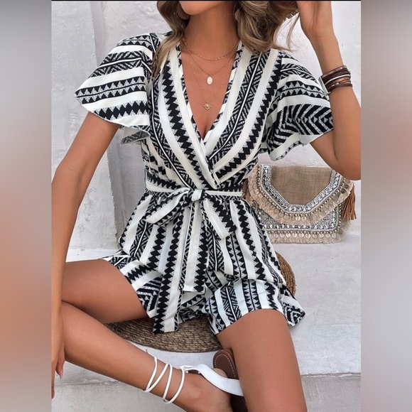 Pants - Frenchy Geo Print Butterfly Sleeve Ruffle Hem Belted Romper